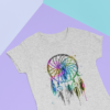 Boho-Feder-T-Shirt für Frauen in grau meliert mit buntem Boho-Motiv