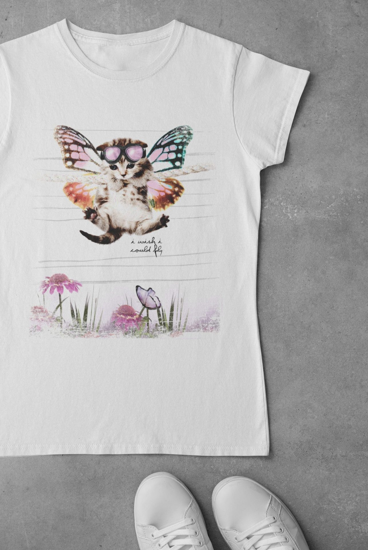 I-wish-I-could-fly T-Shirt weiß aus Bio-Baumwolle lustiges Katzenmotiv