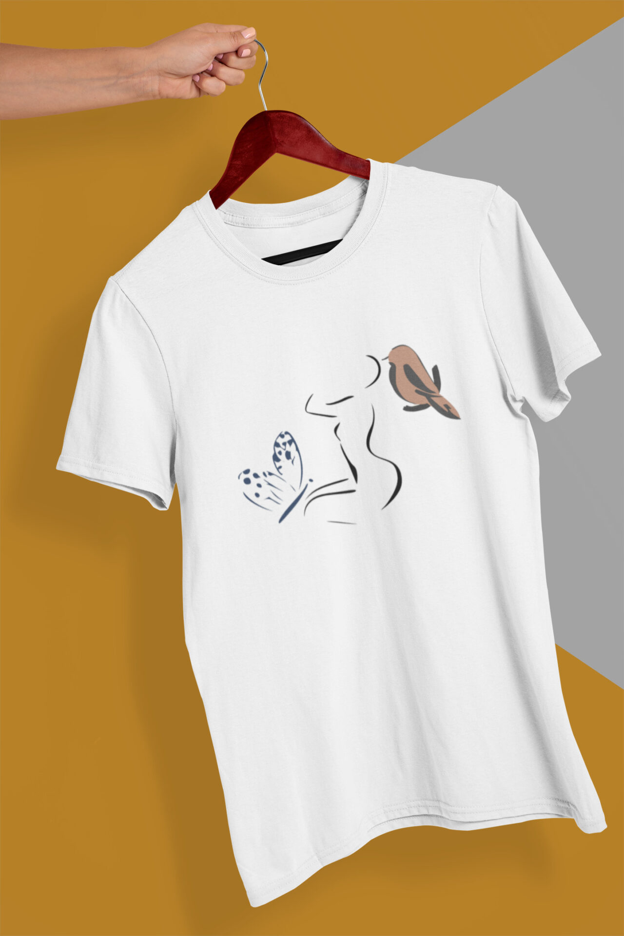 Woman And Nature T-Shirt weiß mit Lineare Motiv Grafik Frau mit Vogel Bio-Baumwolle