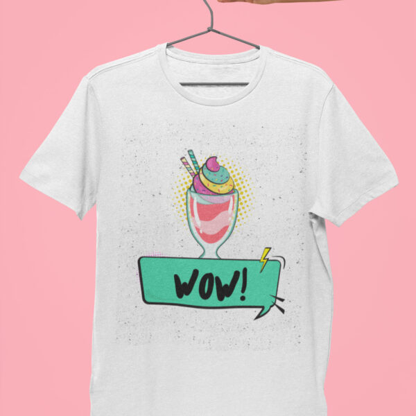 T-Shirt Pop Art Eis Becher Wow Motiv auf weiß
