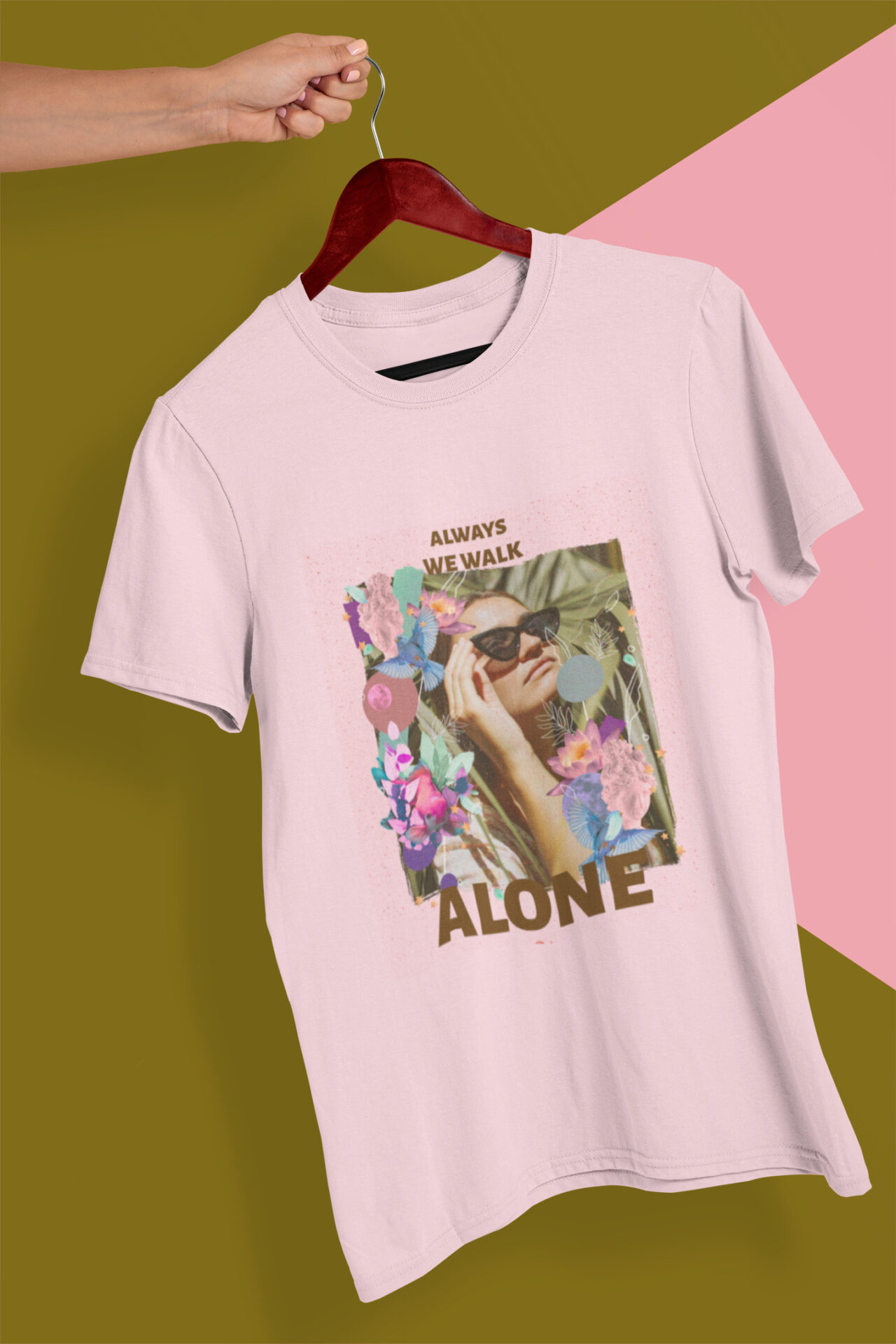 Walk alone T-Shirt Damen Fit rosa mit Collage-Design